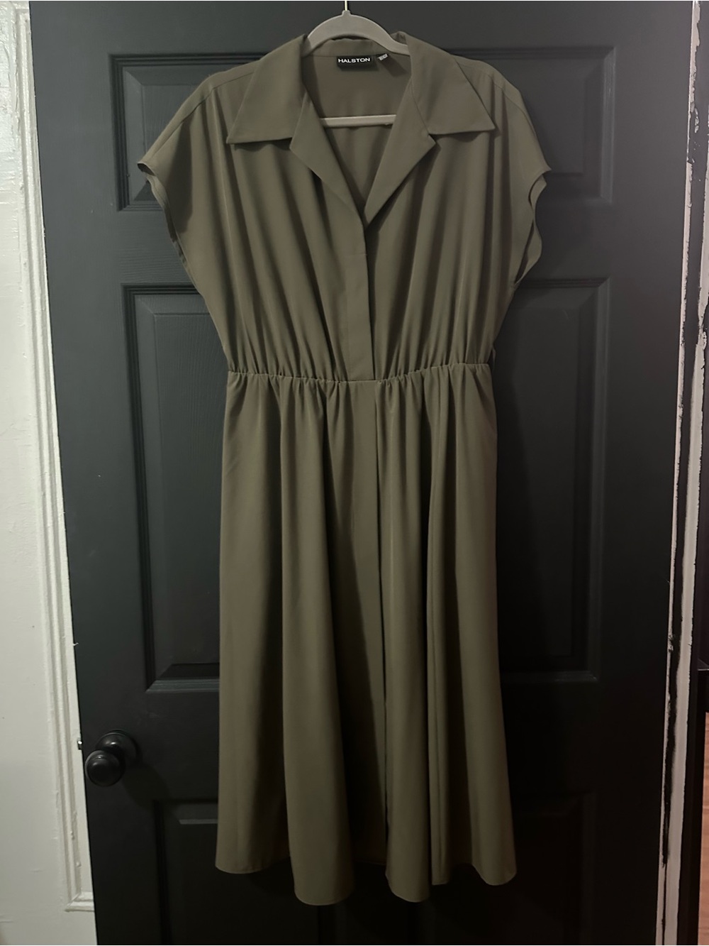 Halston Heritage Olive Midi Shirt Dress with Gathered Waist